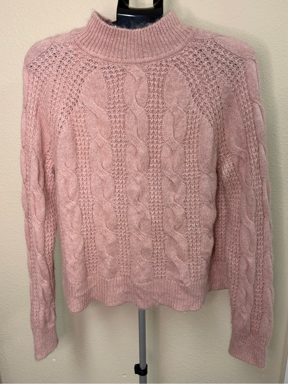 J. Crew Pink Cable-Knit Mock Neck Sweater